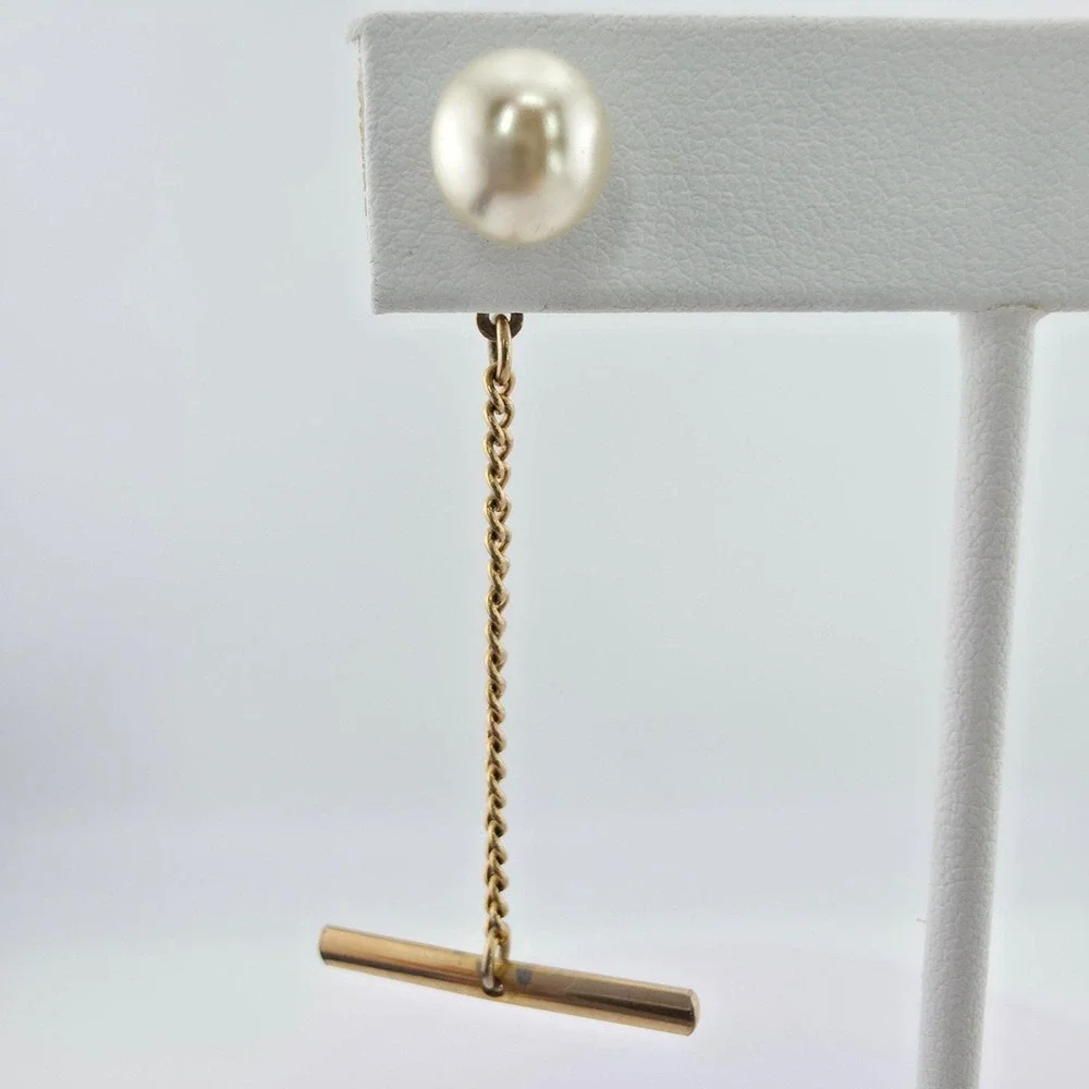 Vintage Faux Pearl Tie Tack Pin Buttonhole Barbell Chain Gold Tone FREE $HIP!!!
